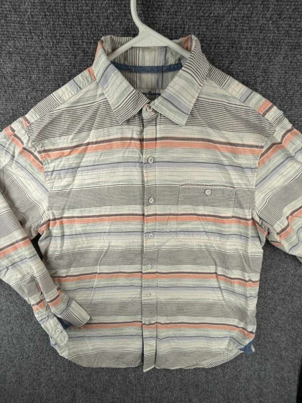 Tommy Bahama Striped Medium Gray Blue Orange Colorful Button Up Tencel Cotton